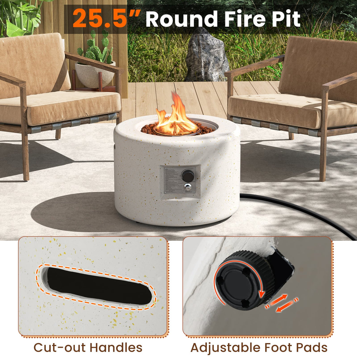 Round Terrazzo Propane Gas Fire Pit Protective PVC Cover Lava Rocks Included-Fire Pit Tables-DECOROLALA