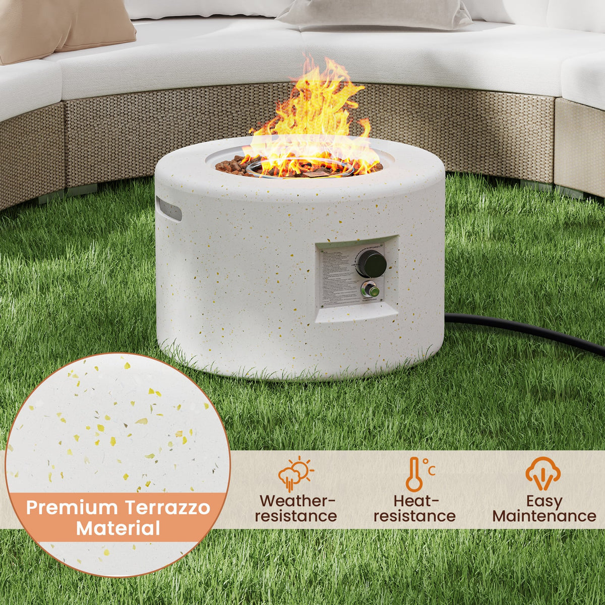 Round Terrazzo Propane Gas Fire Pit Protective PVC Cover Lava Rocks Included-Fire Pit Tables-DECOROLALA