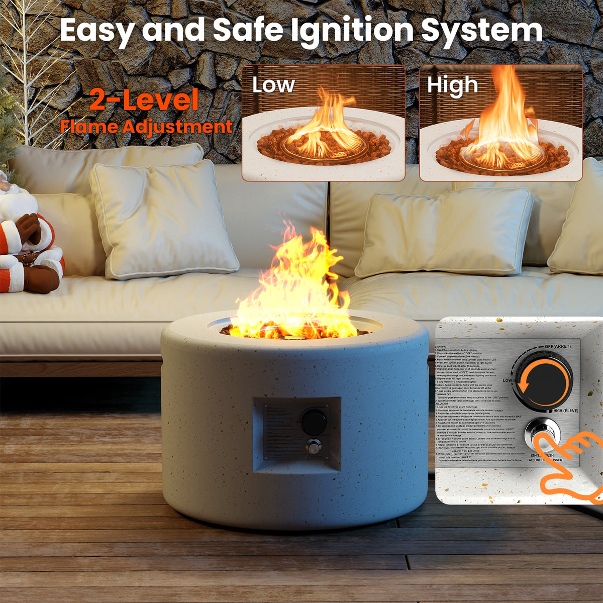 Round Terrazzo Propane Gas Fire Pit Protective PVC Cover Lava Rocks Included-Fire Pit Tables-DECOROLALA