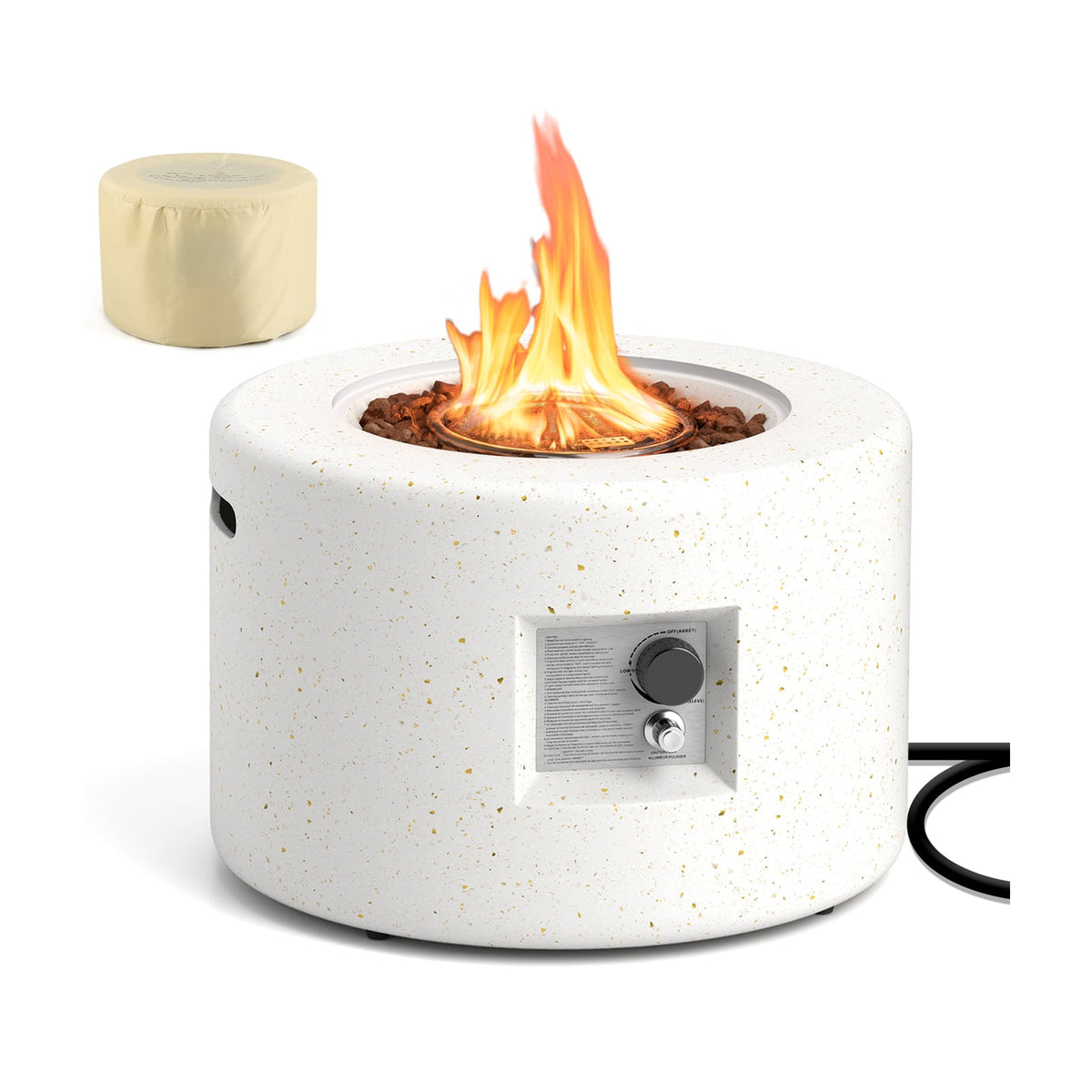 Round Terrazzo Propane Gas Fire Pit Protective PVC Cover Lava Rocks Included-Fire Pit Tables-DECOROLALA