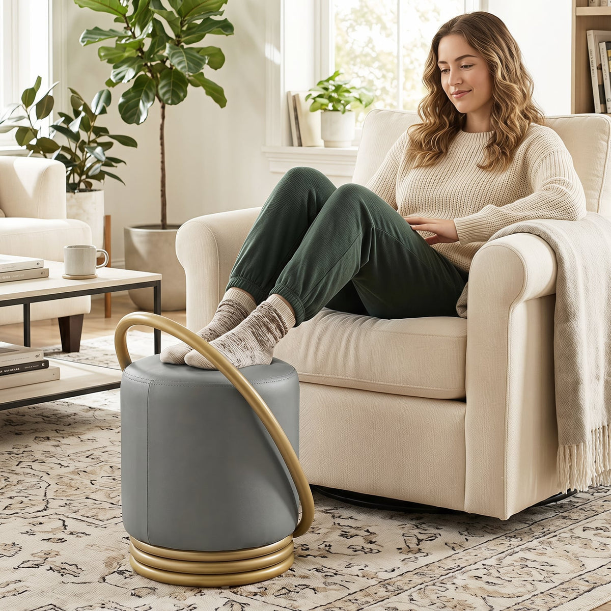 Round Vanity Stool Faux Leather Makeup Chair with Gold Halo Design-Grey-Ottomans-DECOROLALA