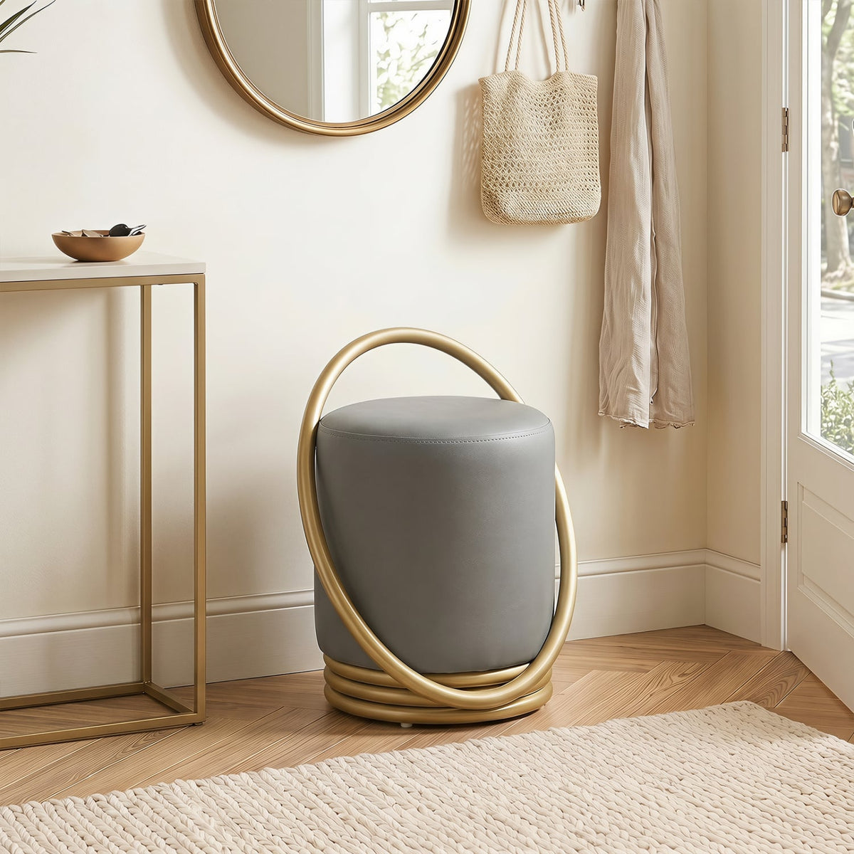 Round Vanity Stool Faux Leather Makeup Chair with Gold Halo Design-Grey-Ottomans-DECOROLALA