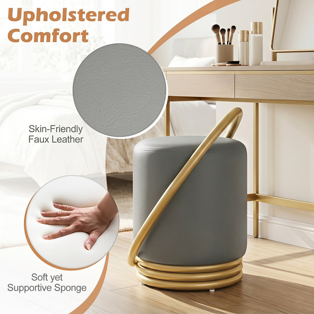 Round Vanity Stool Faux Leather Makeup Chair with Gold Halo Design-Grey-Ottomans-DECOROLALA