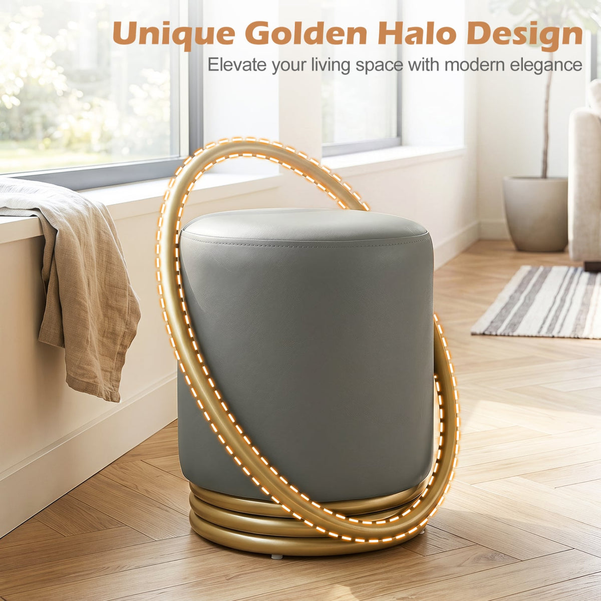 Round Vanity Stool Faux Leather Makeup Chair with Gold Halo Design-Grey-Ottomans-DECOROLALA