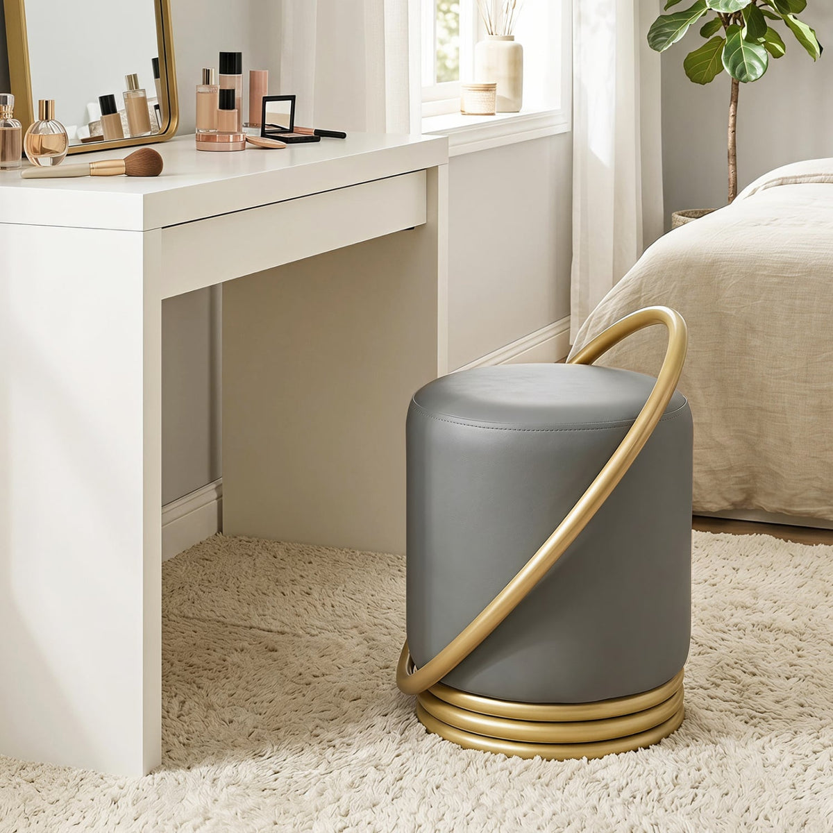Round Vanity Stool Faux Leather Makeup Chair with Gold Halo Design-Grey-Ottomans-DECOROLALA