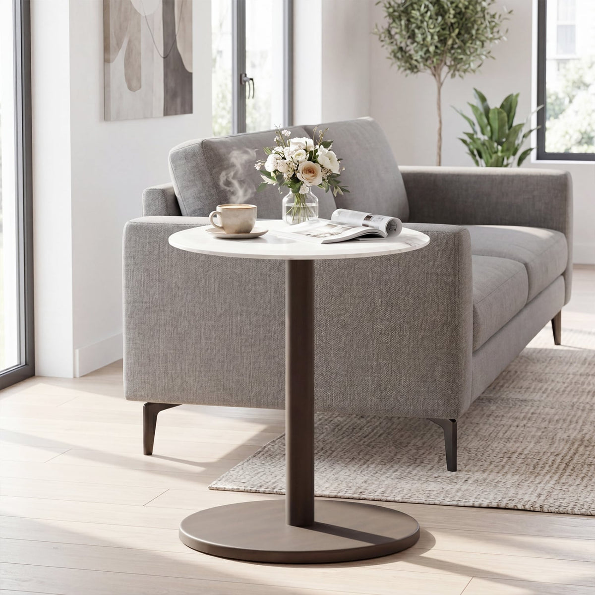 Round Marble Side Table Pedestal End Table with Stone Finish and Wooden-Black & White-End & Side Tables-DECOROLALA