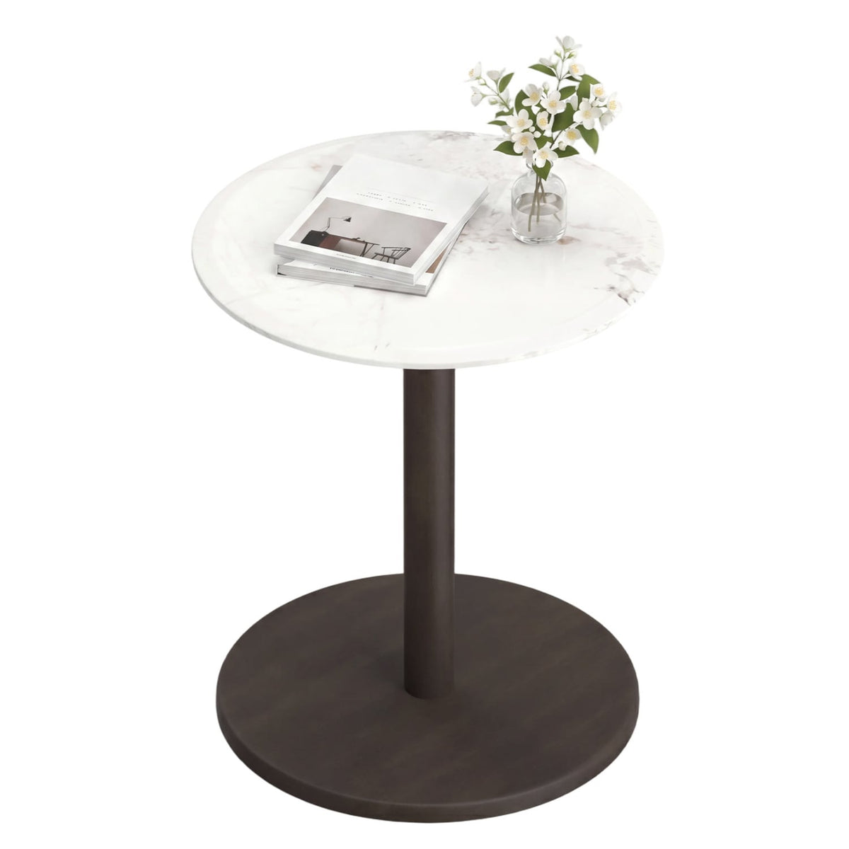 Round Marble Side Table Pedestal End Table with Stone Finish and Wooden-Black & White-End & Side Tables-DECOROLALA