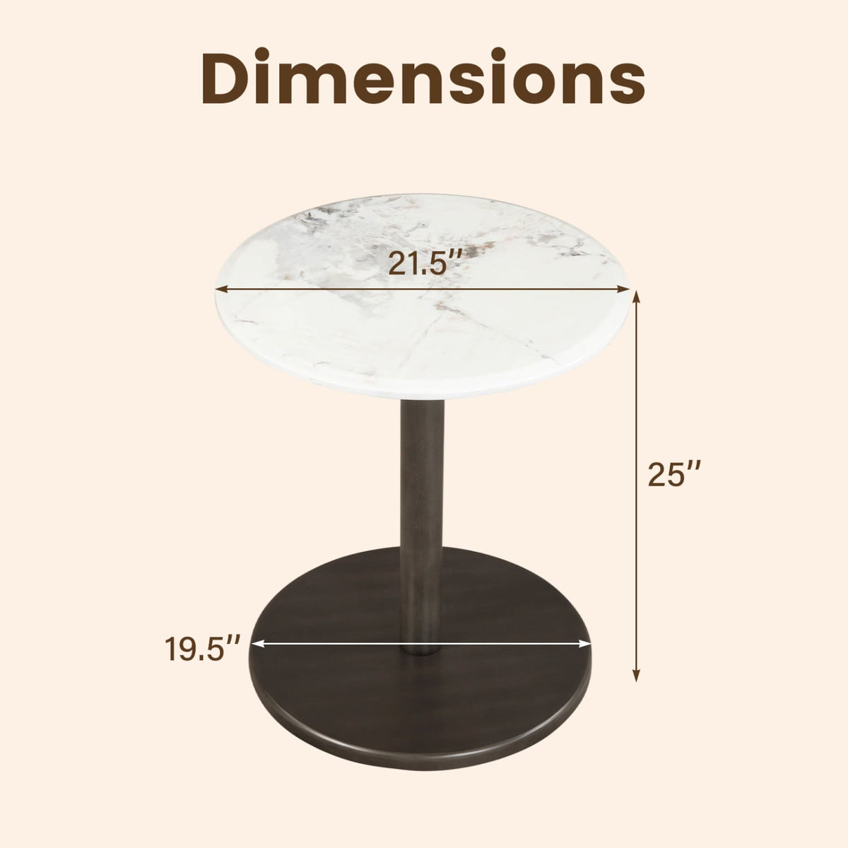 Round Marble Side Table Pedestal End Table with Stone Finish and Wooden-Black & White-End & Side Tables-DECOROLALA