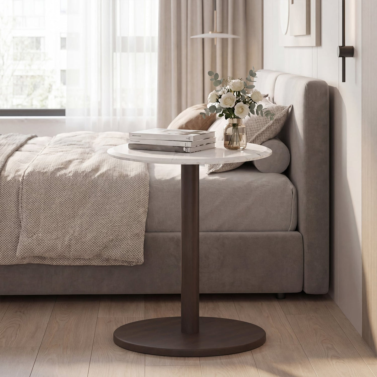 Round Marble Side Table Pedestal End Table with Stone Finish and Wooden-Black & White-End & Side Tables-DECOROLALA