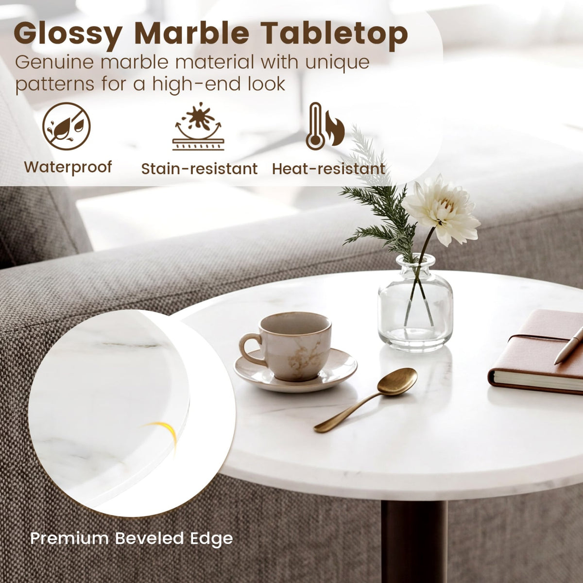 Round Marble Side Table Pedestal End Table with Stone Finish and Wooden-Black & White-End & Side Tables-DECOROLALA