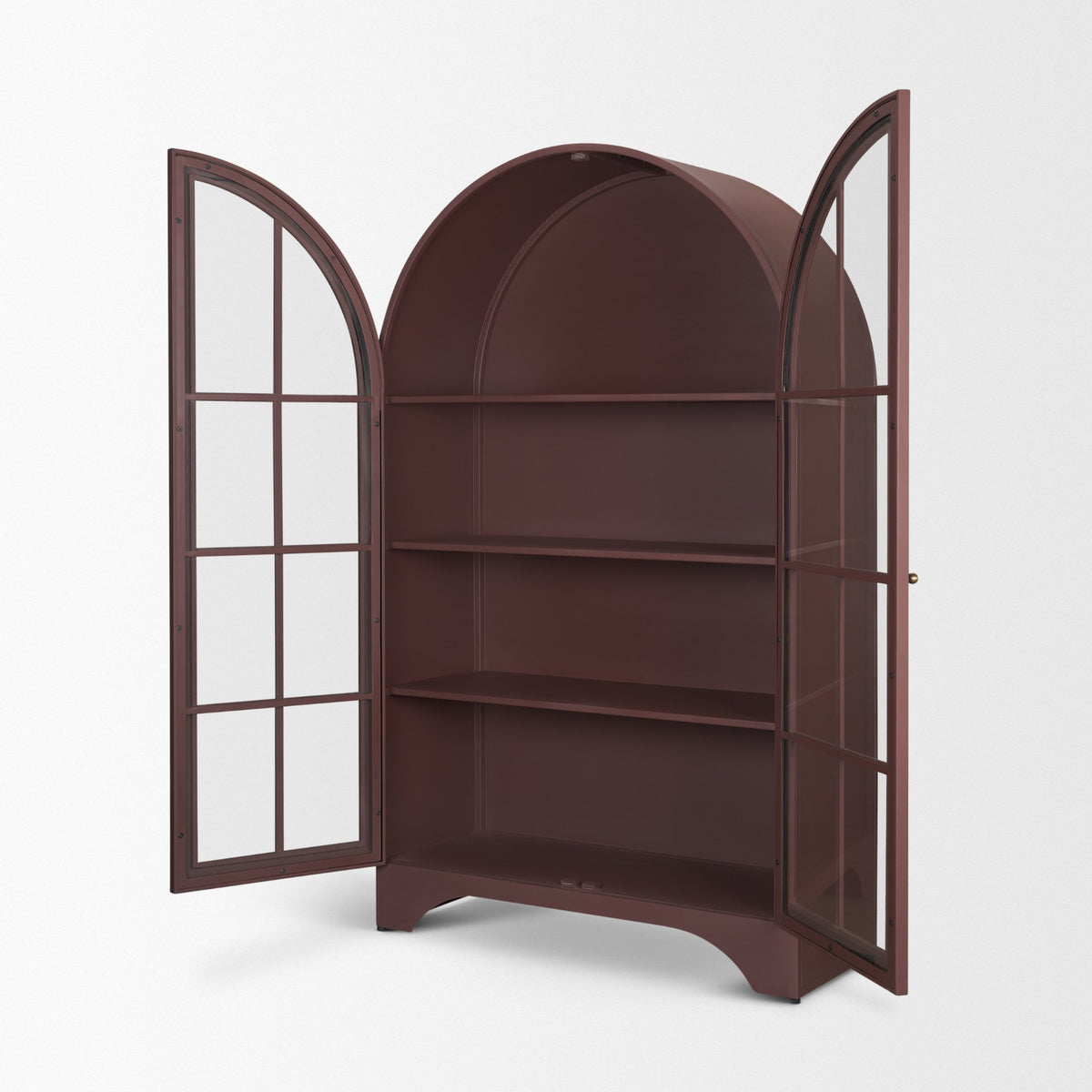 Rousseau Arched Curio Cabinet w/ Glass Doors | Burgundy Metal-Cabinets-DECOROLALA