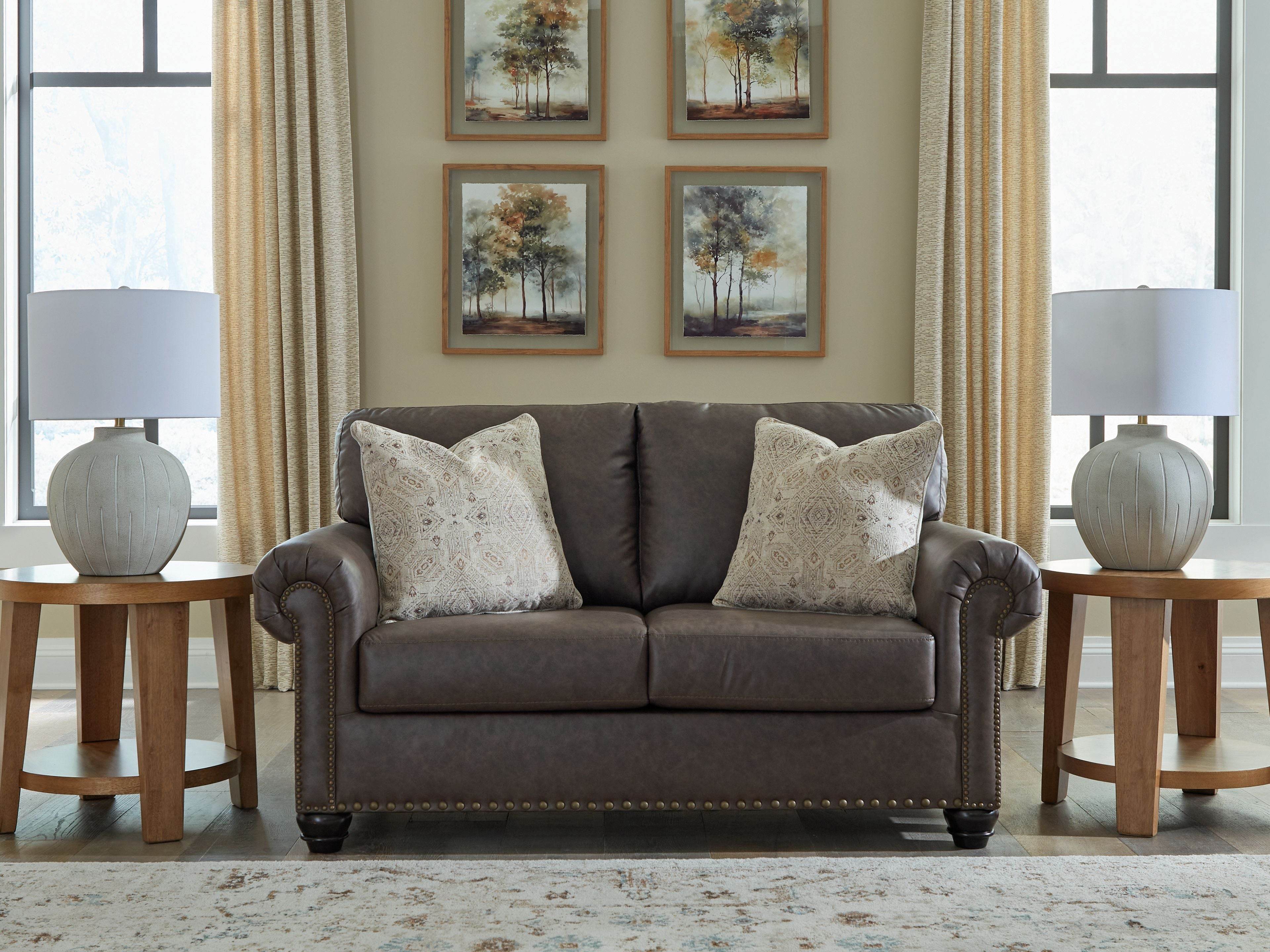 Roxmere Loveseat - Umber Faux Leather-Stationary Loveseats-DECOROLALA