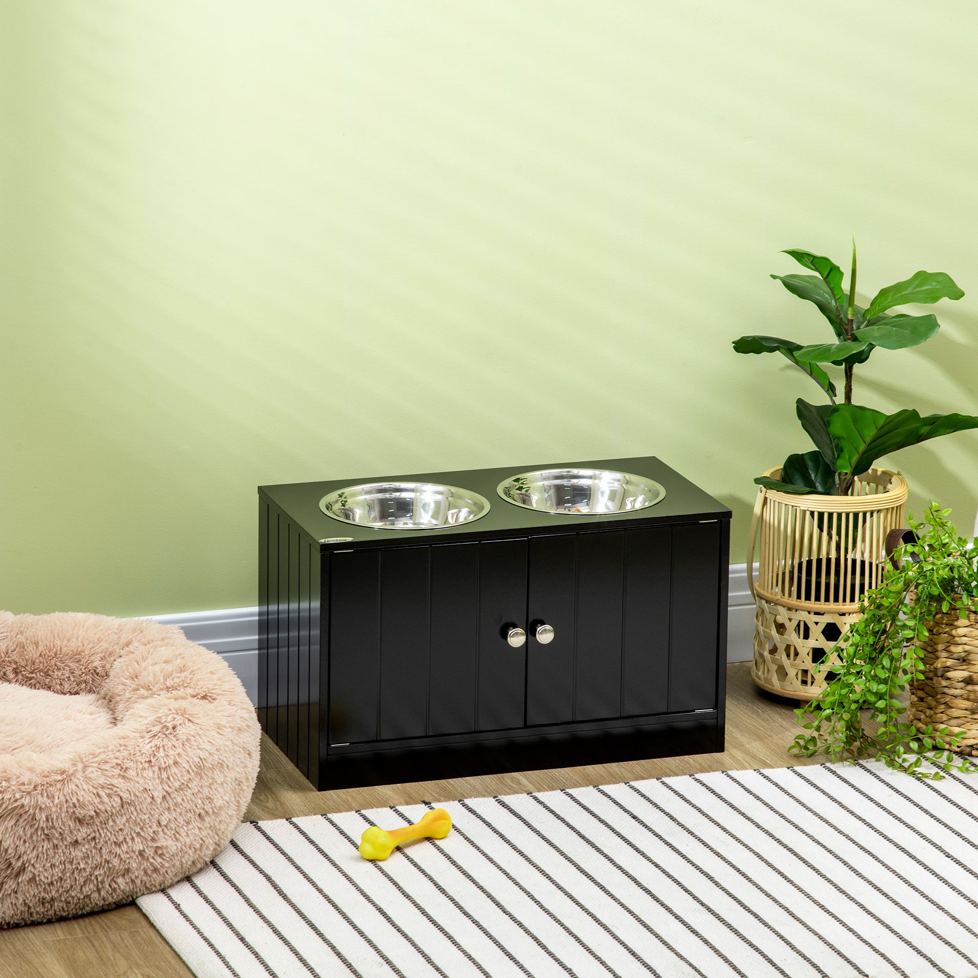 Elevated Dog Bowls for Large Dogs Pet Feeding Station with Stand, Storage, 2 Stainless Steel Food and Water Bowls, Black, 23.6" x 11.8" x 14"