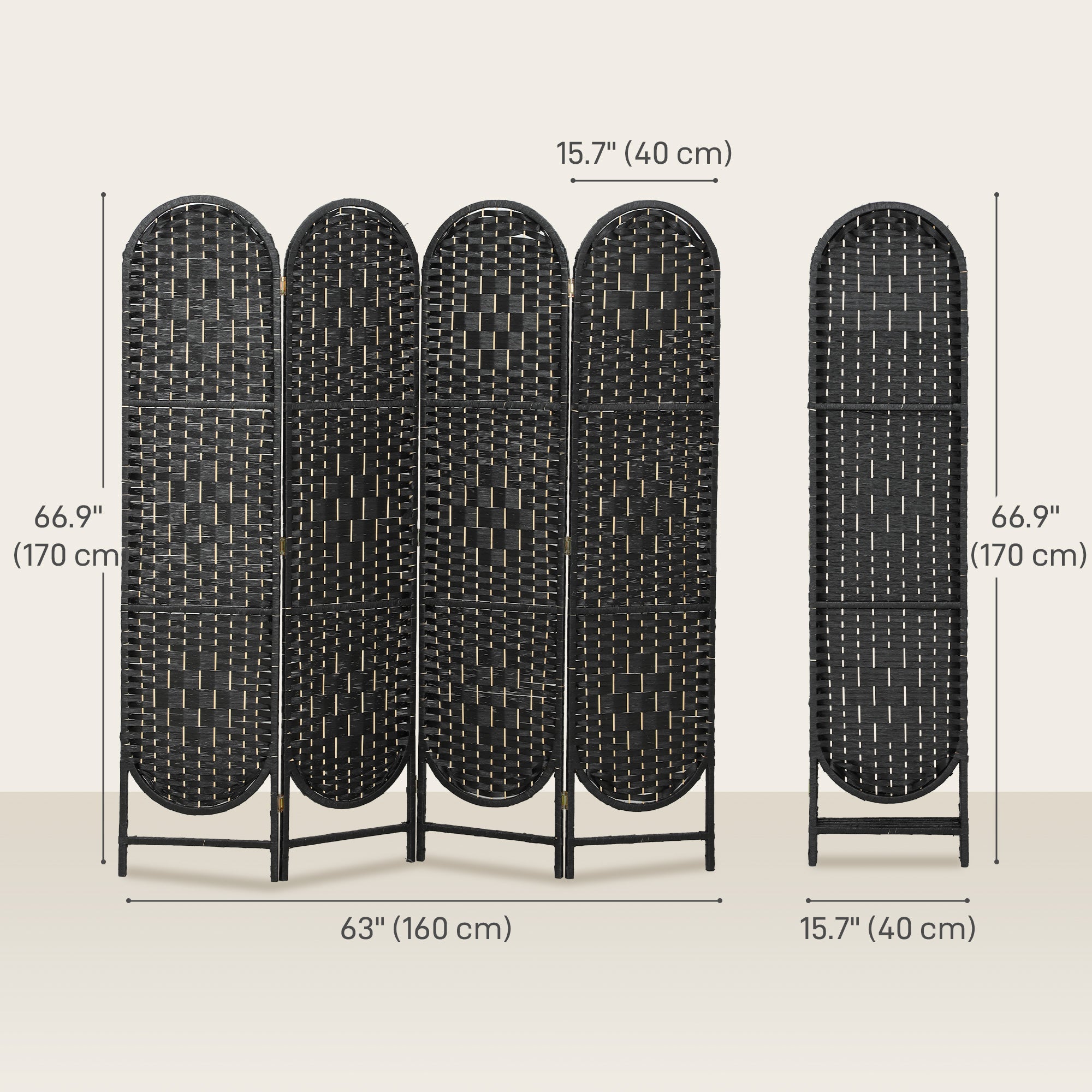 Bohemian Privacy Screen, Folding Room Divider with 4 Panels and Arched Top for Bedroom Living Room Office, Black