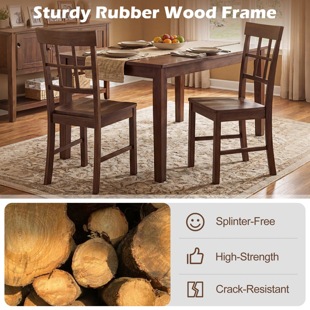 Rubber Wood Dining Chairs Set of 2 with High Backrests-Brown-Dining Chairs-DECOROLALA