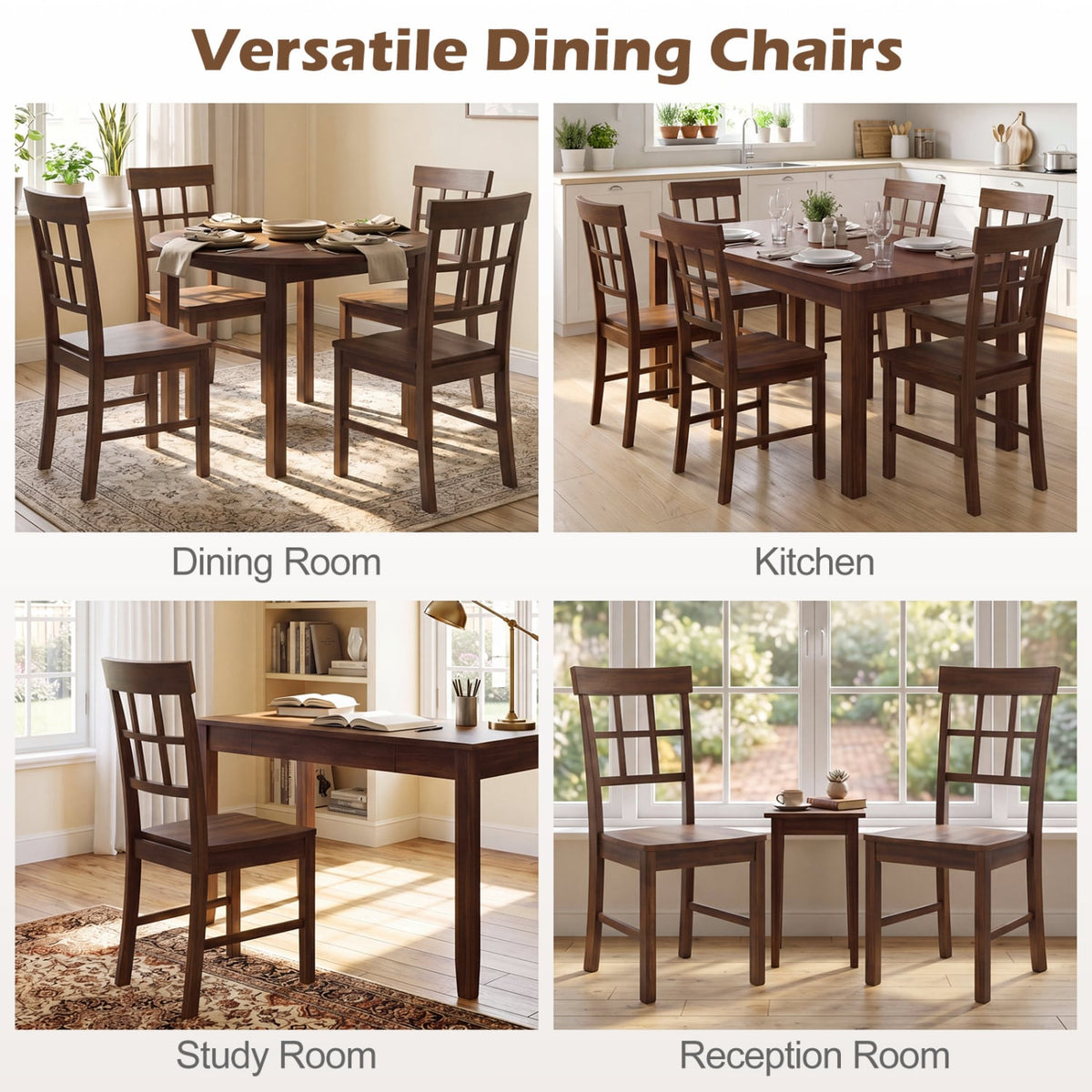 Rubber Wood Dining Chairs Set of 2 with High Backrests-Brown-Dining Chairs-DECOROLALA
