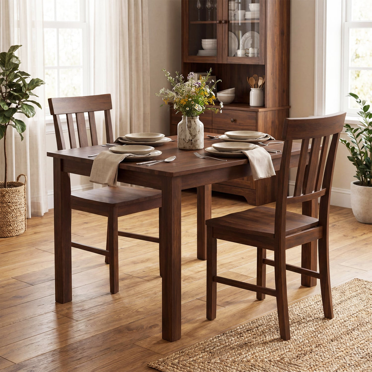 Rubber Wood Dining Chairs Set of 2 with High Slat Backrests-Brown-Dining Chairs-DECOROLALA
