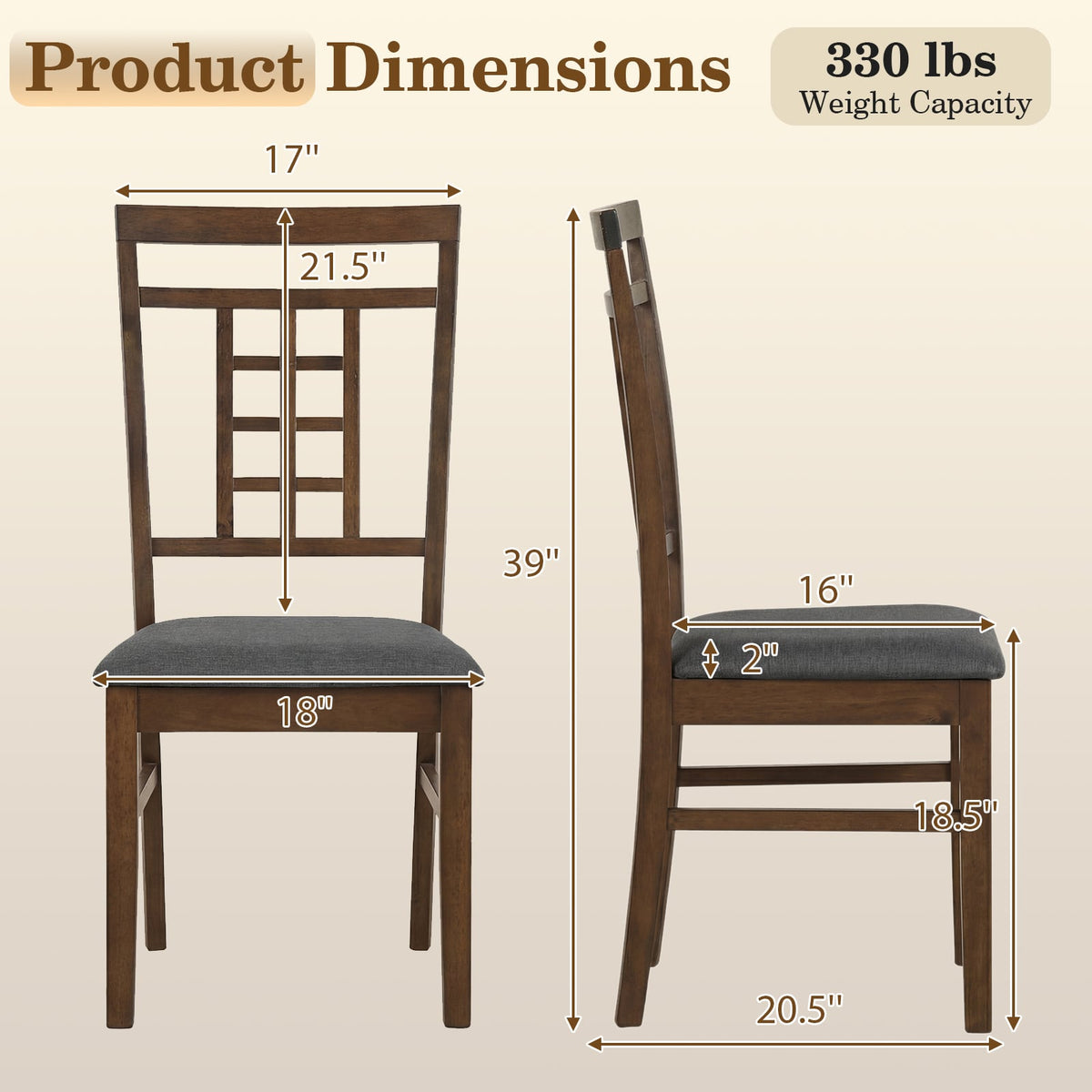 Rubber Wood Dining Chairs Set of 2 with Lattice Back-Brown-Dining Chairs-DECOROLALA