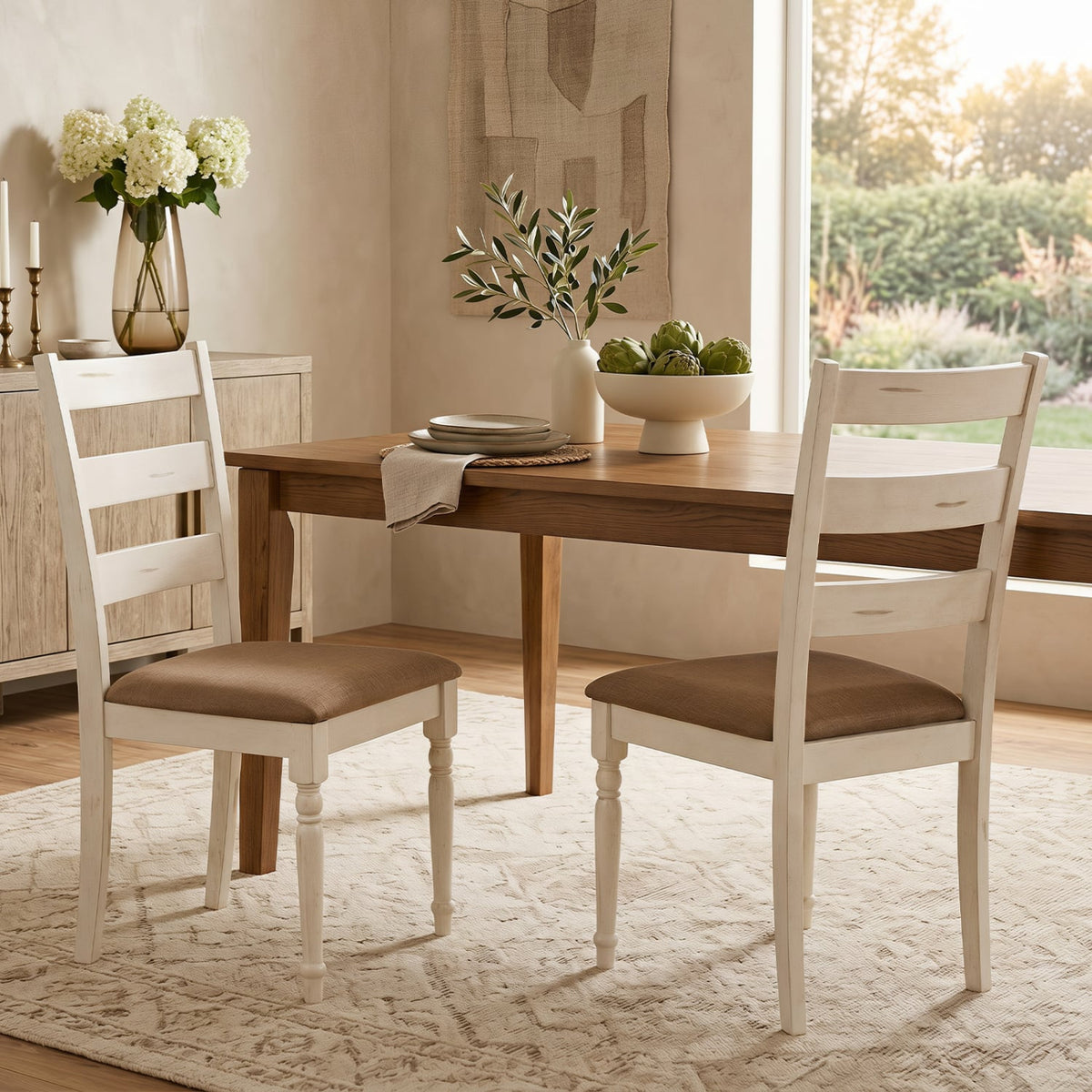 Rubber Wood Dining Chairs Set of 2 with Padded Linen Seat & Slatted Backrest-White-Dining Chairs-DECOROLALA