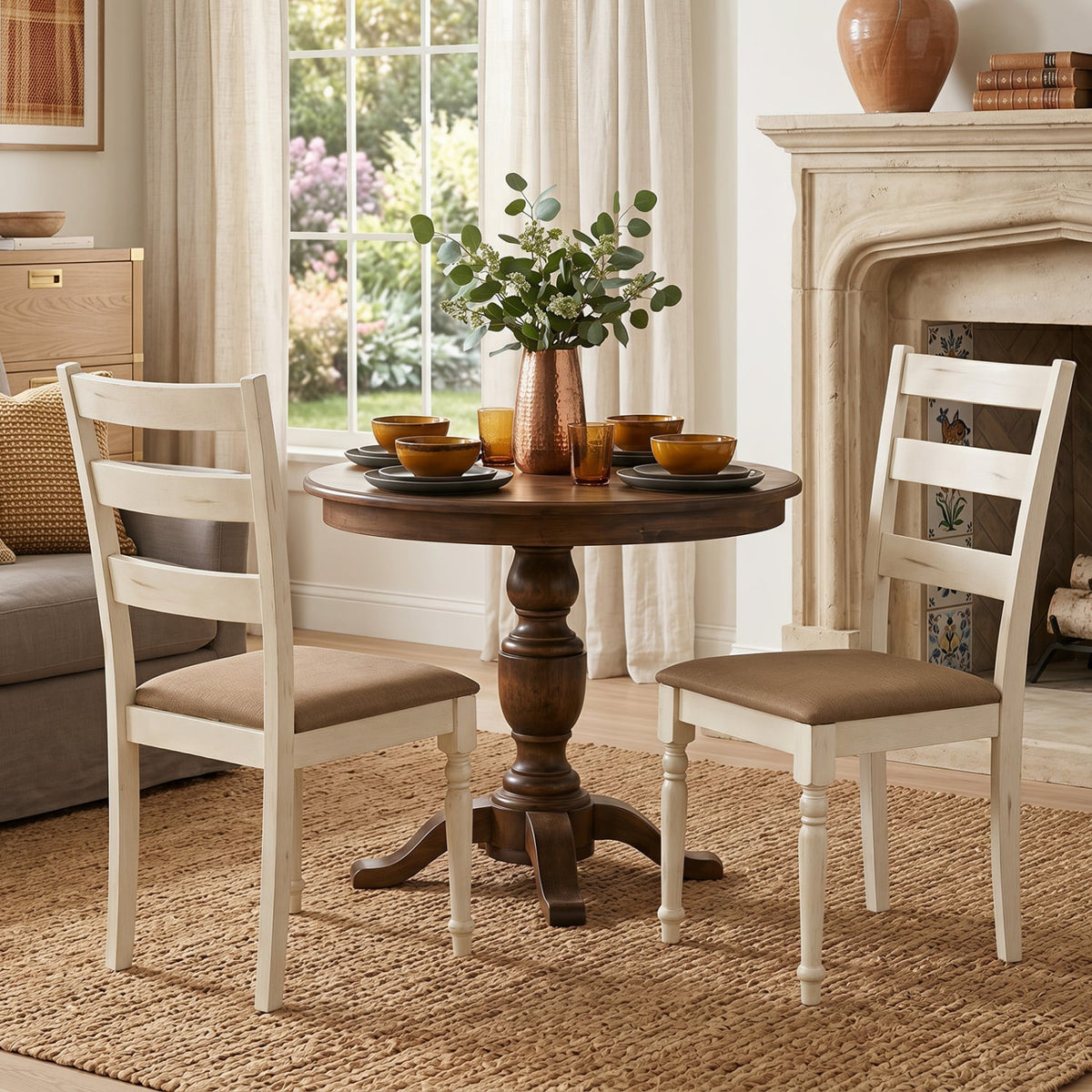 Rubber Wood Dining Chairs Set of 2 with Padded Linen Seat & Slatted Backrest-White-Dining Chairs-DECOROLALA