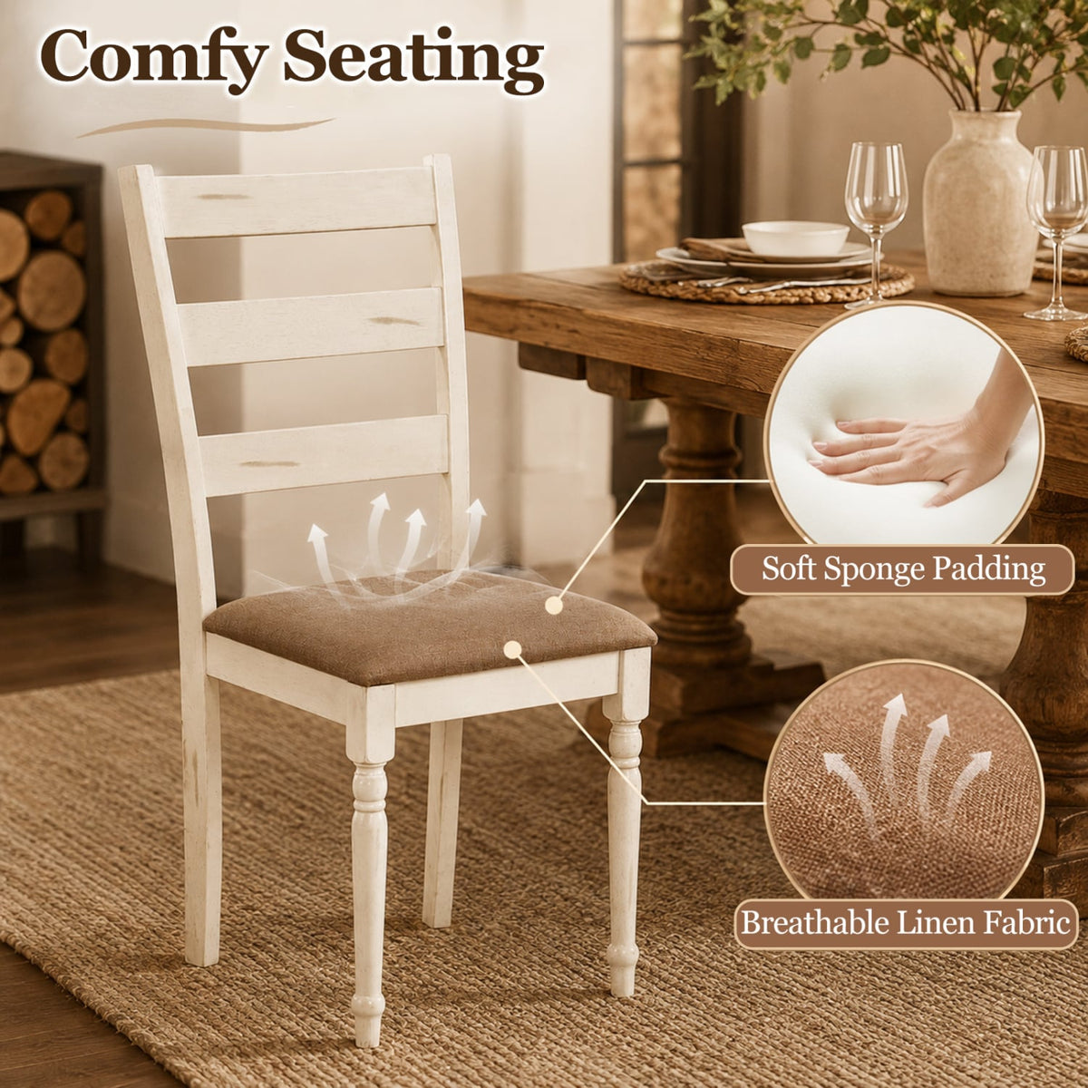 Rubber Wood Dining Chairs Set of 2 with Padded Linen Seat & Slatted Backrest-White-Dining Chairs-DECOROLALA