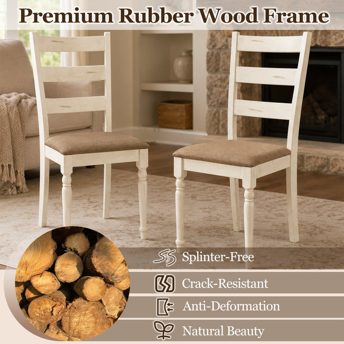 Rubber Wood Dining Chairs Set of 2 with Padded Linen Seat & Slatted Backrest-White-Dining Chairs-DECOROLALA