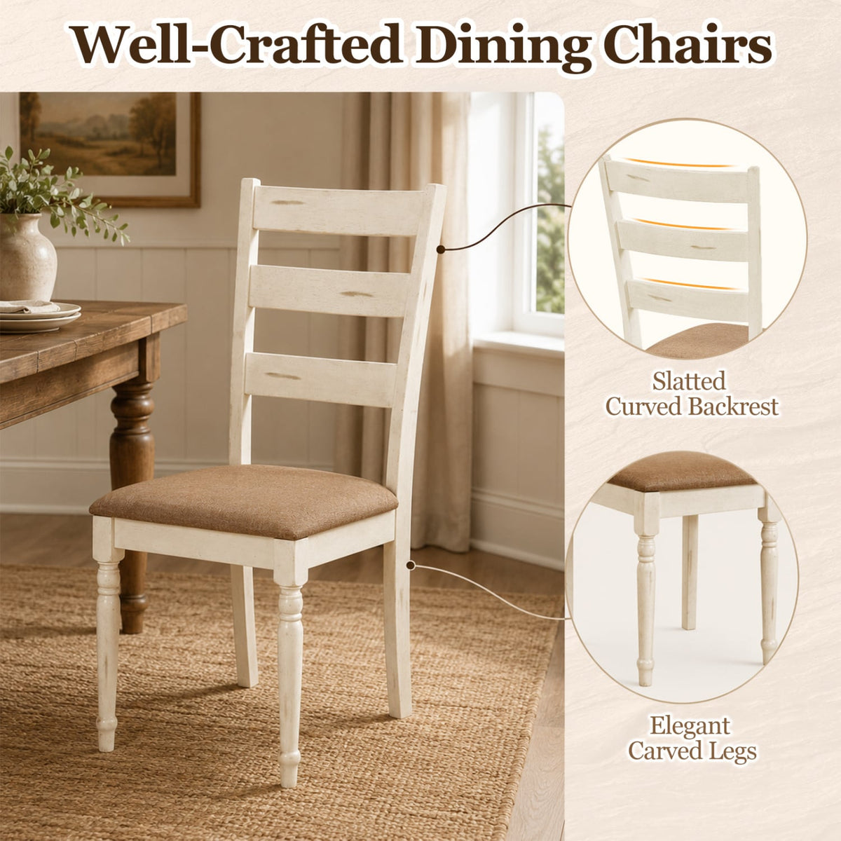 Rubber Wood Dining Chairs Set of 2 with Padded Linen Seat & Slatted Backrest-White-Dining Chairs-DECOROLALA