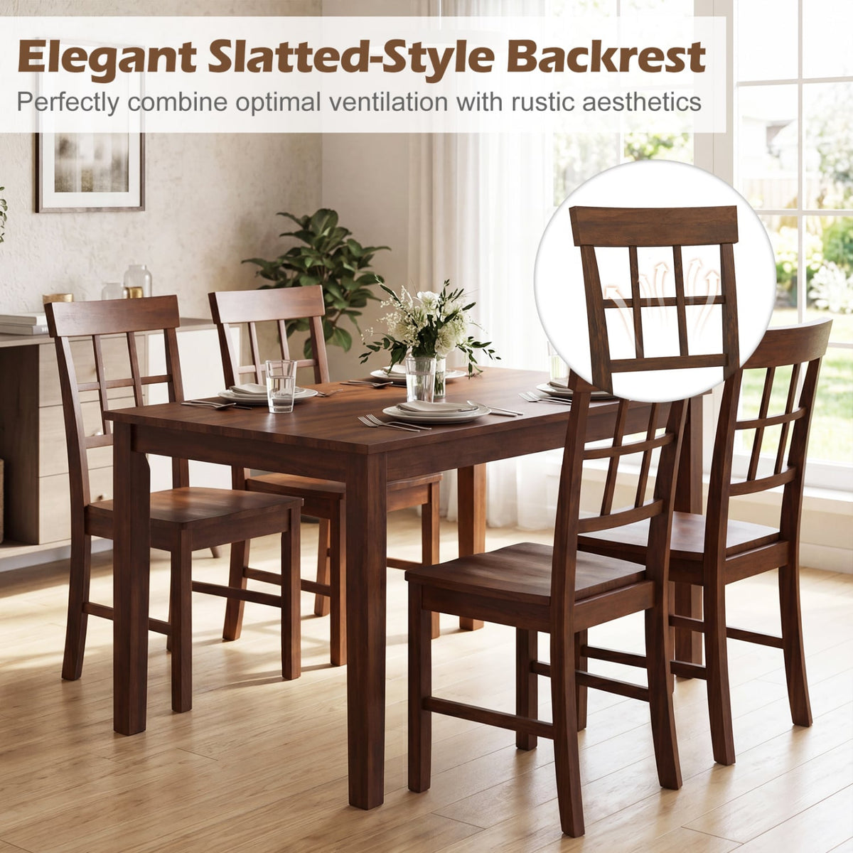 Rubber Wood Dining Chairs Set of 4 with High Backrests-Brown-Dining Chairs-DECOROLALA
