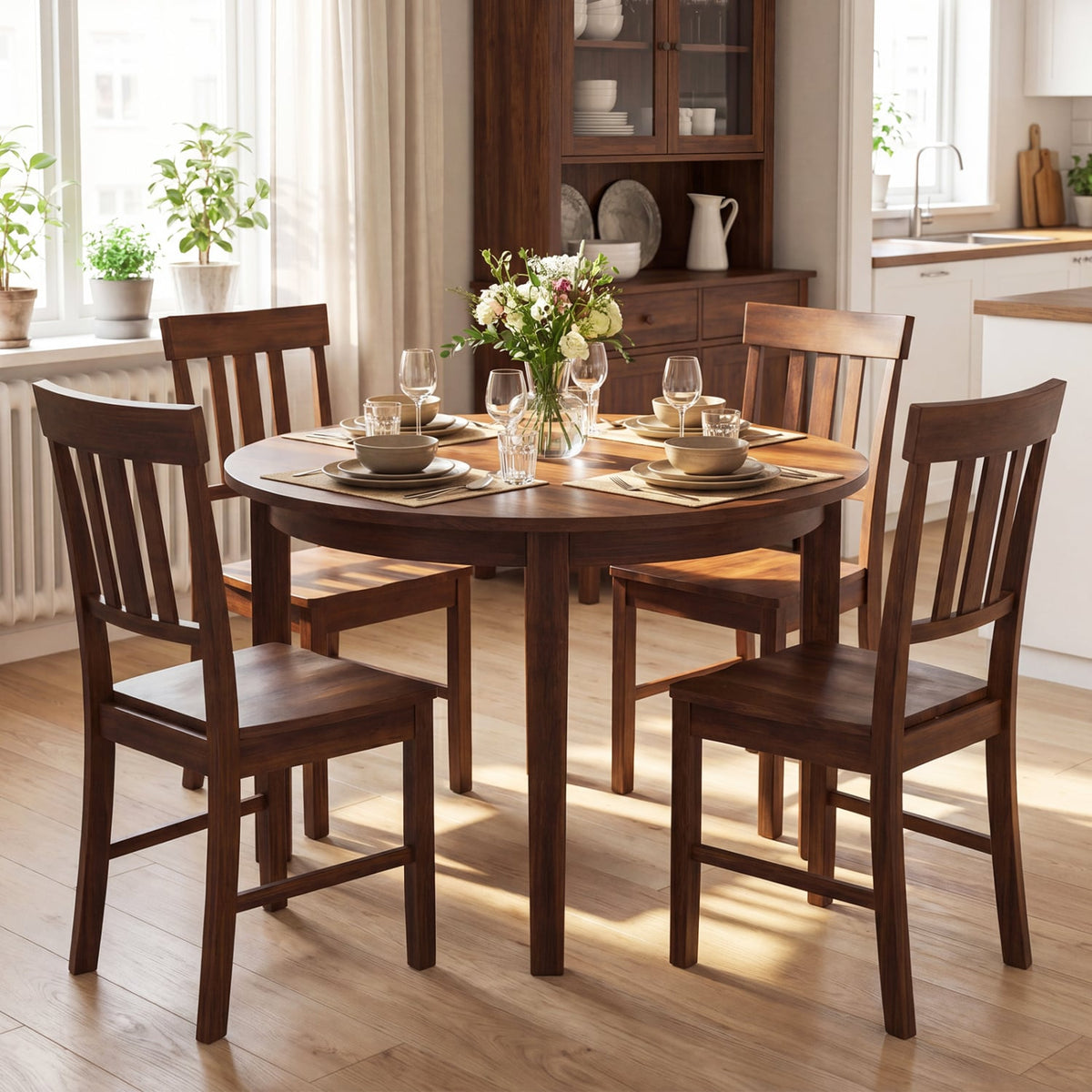 Rubber Wood Dining Chairs Set of 4 with High Slat Backrests-Brown-Dining Chairs-DECOROLALA