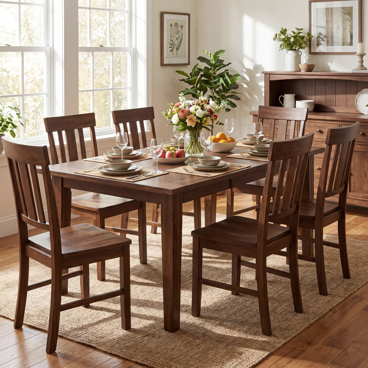 Rubber Wood Dining Chairs Set of 4 with High Slat Backrests-Brown-Dining Chairs-DECOROLALA