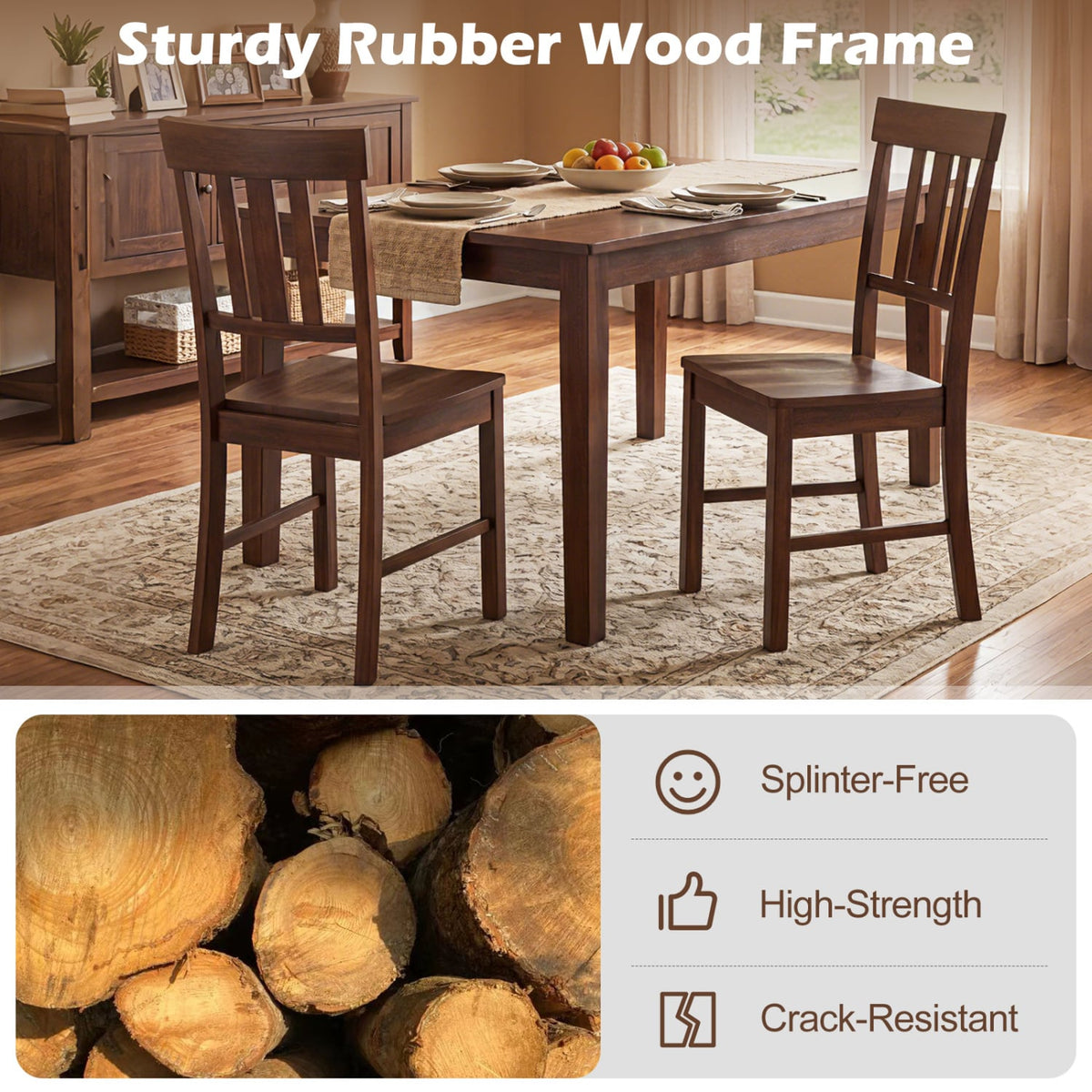 Rubber Wood Dining Chairs Set of 4 with High Slat Backrests-Brown-Dining Chairs-DECOROLALA
