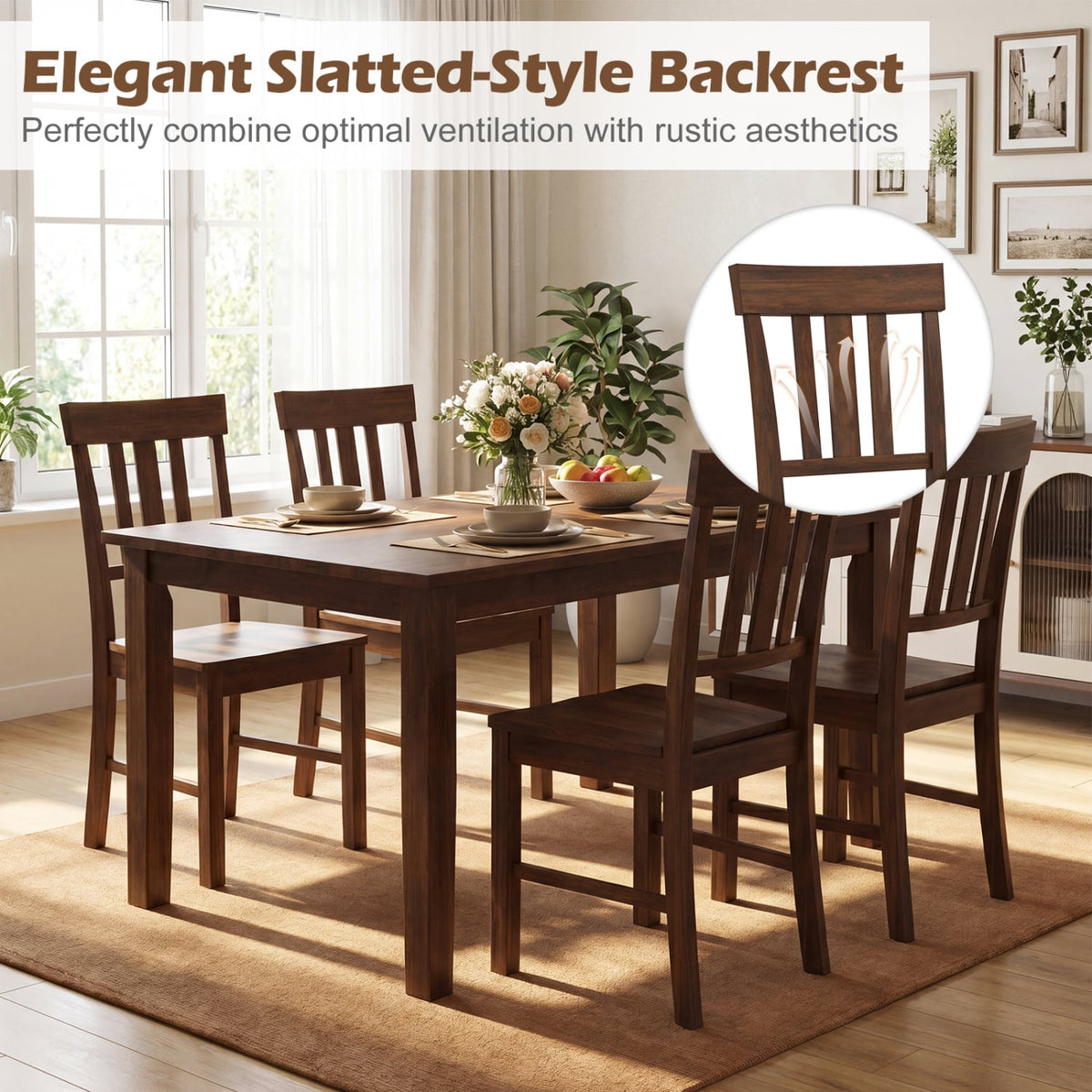 Rubber Wood Dining Chairs Set of 4 with High Slat Backrests-Brown-Dining Chairs-DECOROLALA