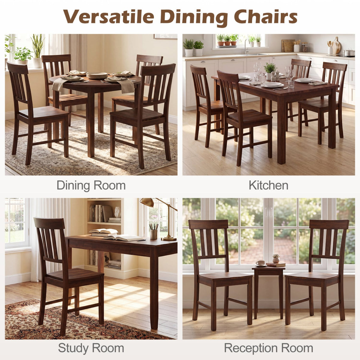 Rubber Wood Dining Chairs Set of 4 with High Slat Backrests-Brown-Dining Chairs-DECOROLALA