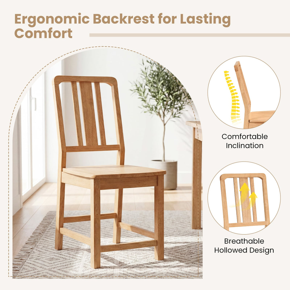 Rubber Wood Dining Chairs Set of 4 with Hollowed Backrest-Natural-Dining Chairs-DECOROLALA