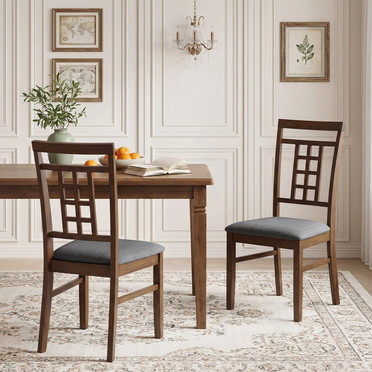 Rubber Wood Dining Chairs Set of 4 with Lattice Back-Brown-Dining Chairs-DECOROLALA