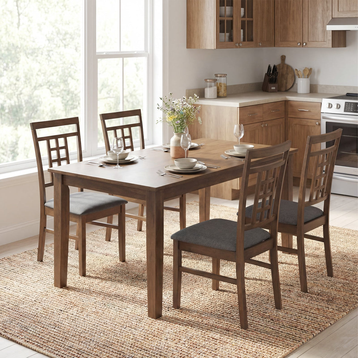 Rubber Wood Dining Chairs Set of 4 with Lattice Back-Brown-Dining Chairs-DECOROLALA