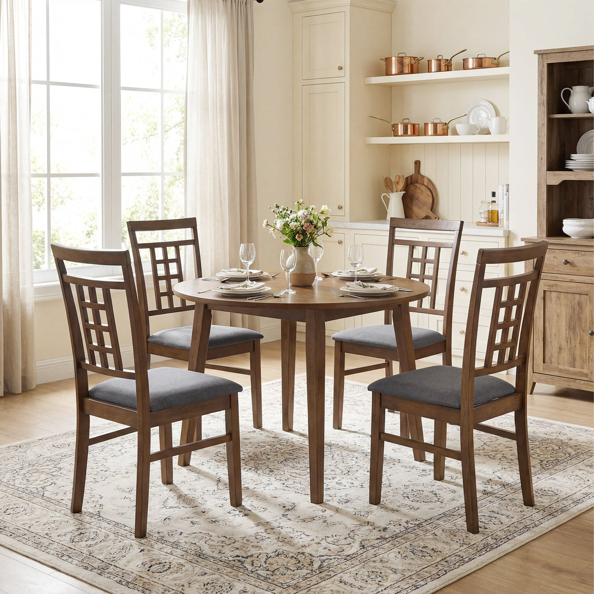 Rubber Wood Dining Chairs Set of 4 with Lattice Back-Brown-Dining Chairs-DECOROLALA