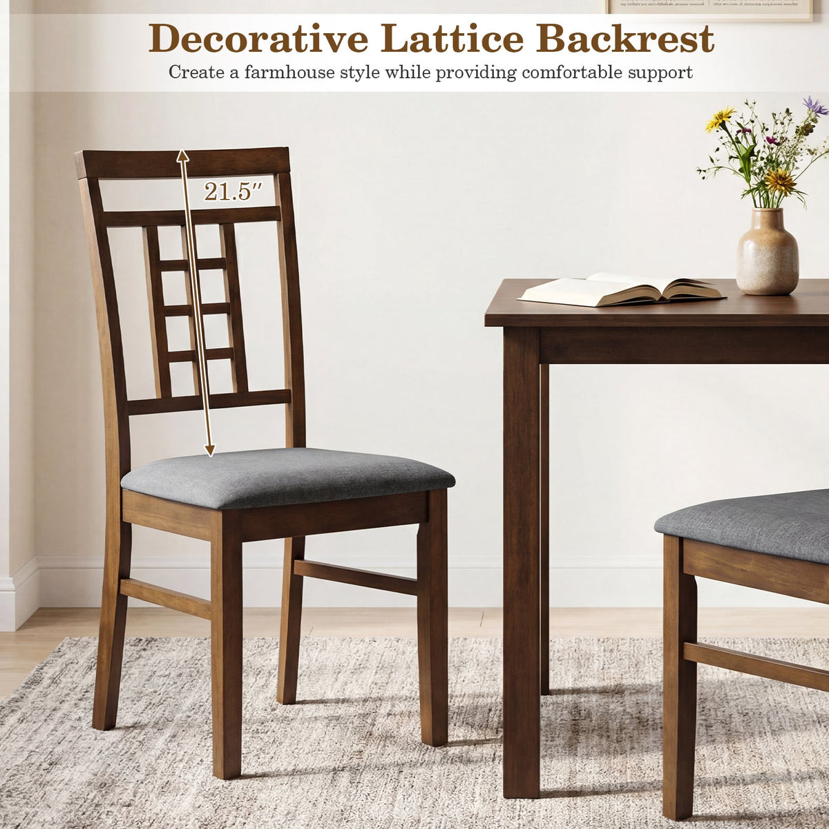 Rubber Wood Dining Chairs Set of 4 with Lattice Back-Brown-Dining Chairs-DECOROLALA
