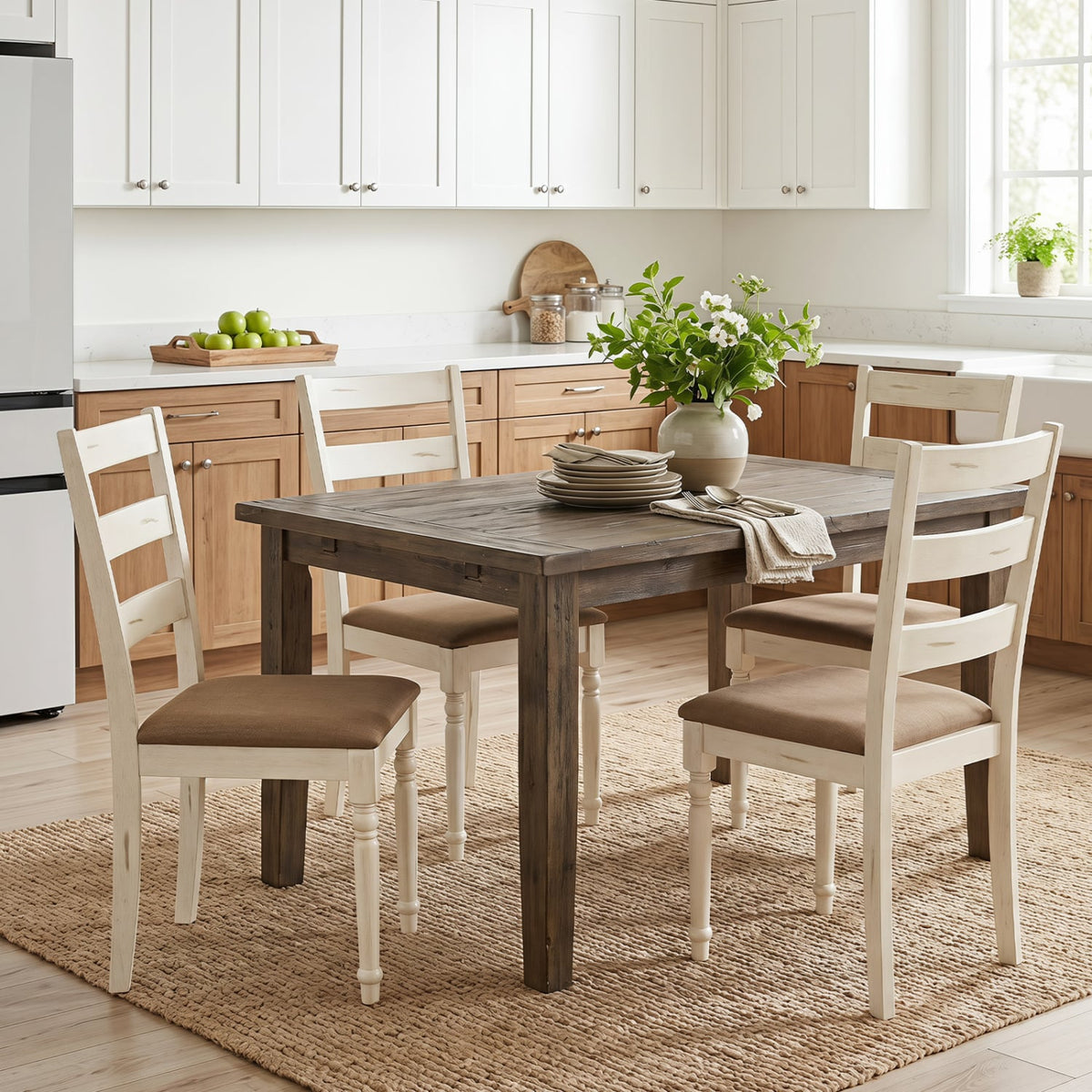 Rubber Wood Dining Chairs Set of 4 with Padded Linen Seat & Slatted Backrest-White-Dining Chairs-DECOROLALA