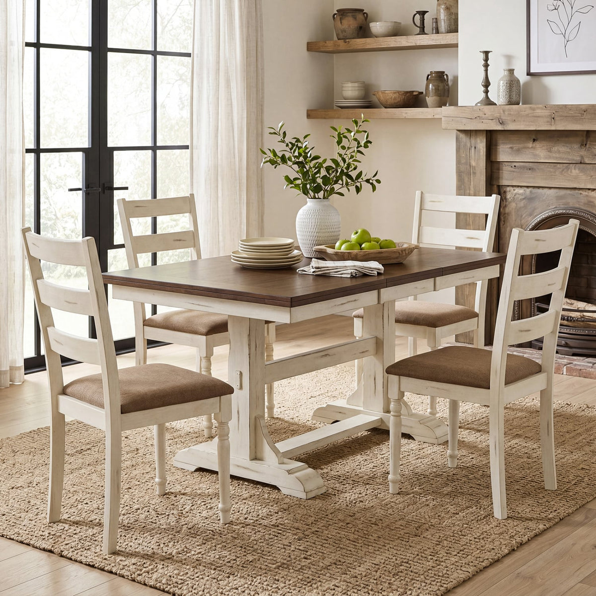 Rubber Wood Dining Chairs Set of 4 with Padded Linen Seat & Slatted Backrest-White-Dining Chairs-DECOROLALA