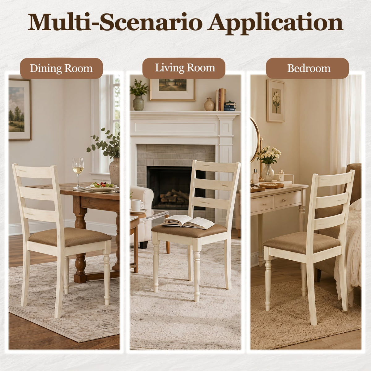 Rubber Wood Dining Chairs Set of 4 with Padded Linen Seat & Slatted Backrest-White-Dining Chairs-DECOROLALA