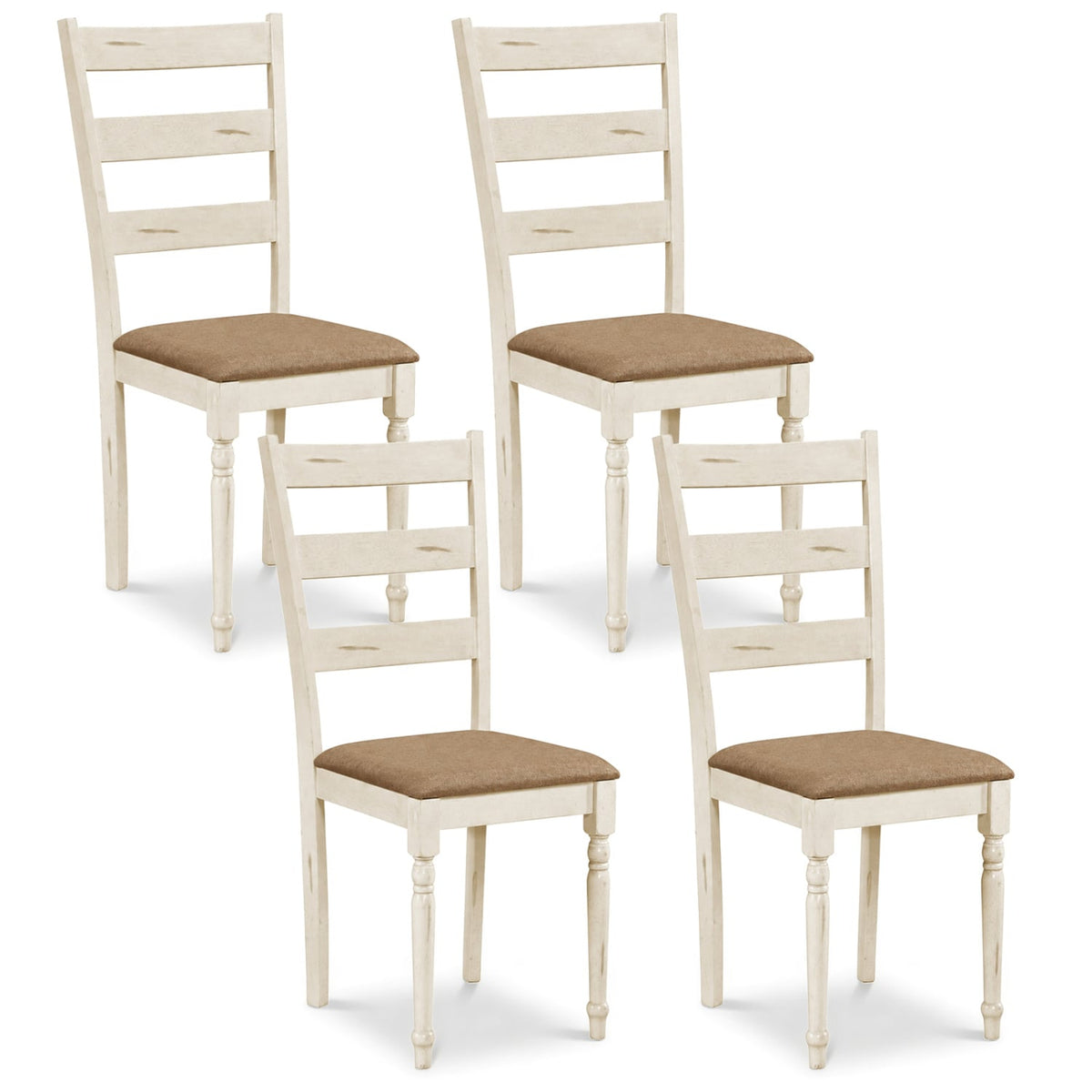 Rubber Wood Dining Chairs Set of 4 with Padded Linen Seat & Slatted Backrest-White-Dining Chairs-DECOROLALA