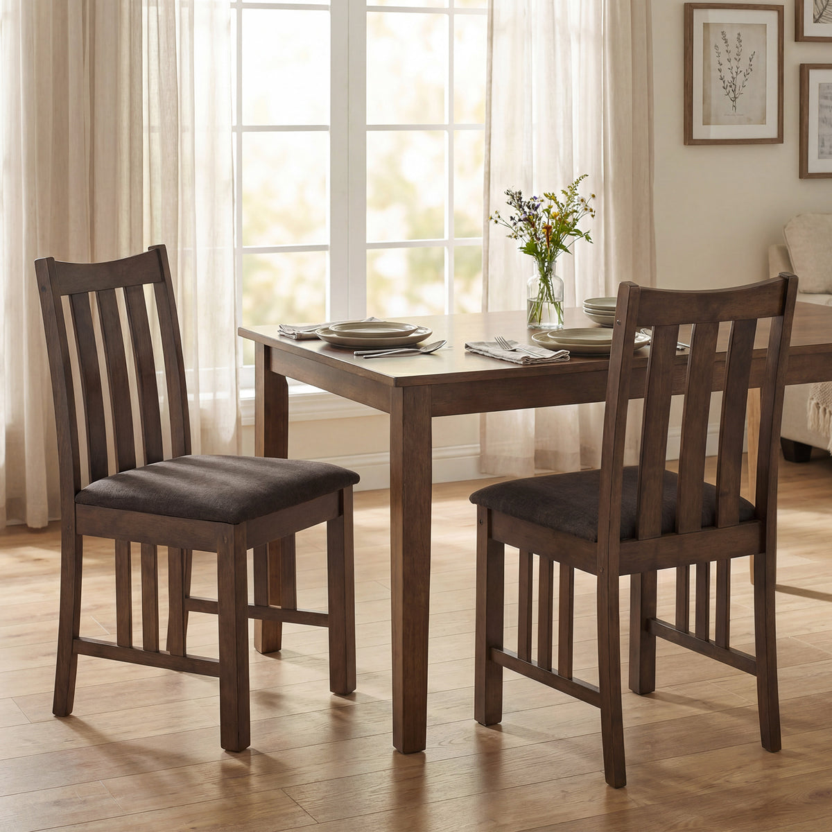 Rubber Wood Dining Chairs Side Chairs Set of 2 with Slat Back-Brown-Dining Chairs-DECOROLALA