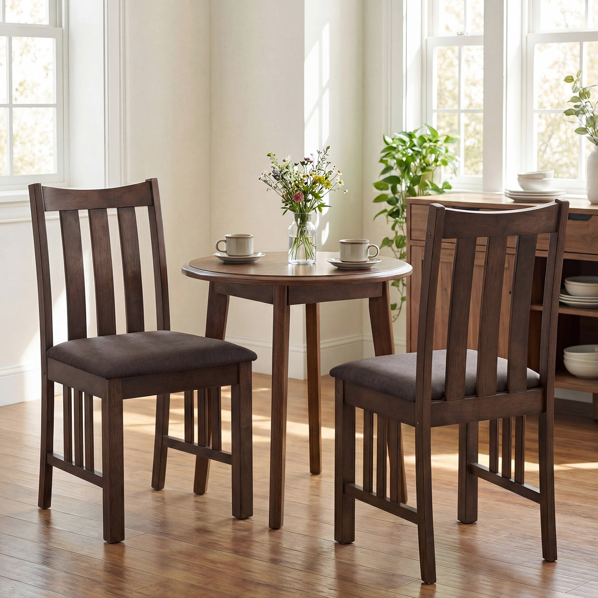 Rubber Wood Dining Chairs Side Chairs Set of 2 with Slat Back-Brown-Dining Chairs-DECOROLALA