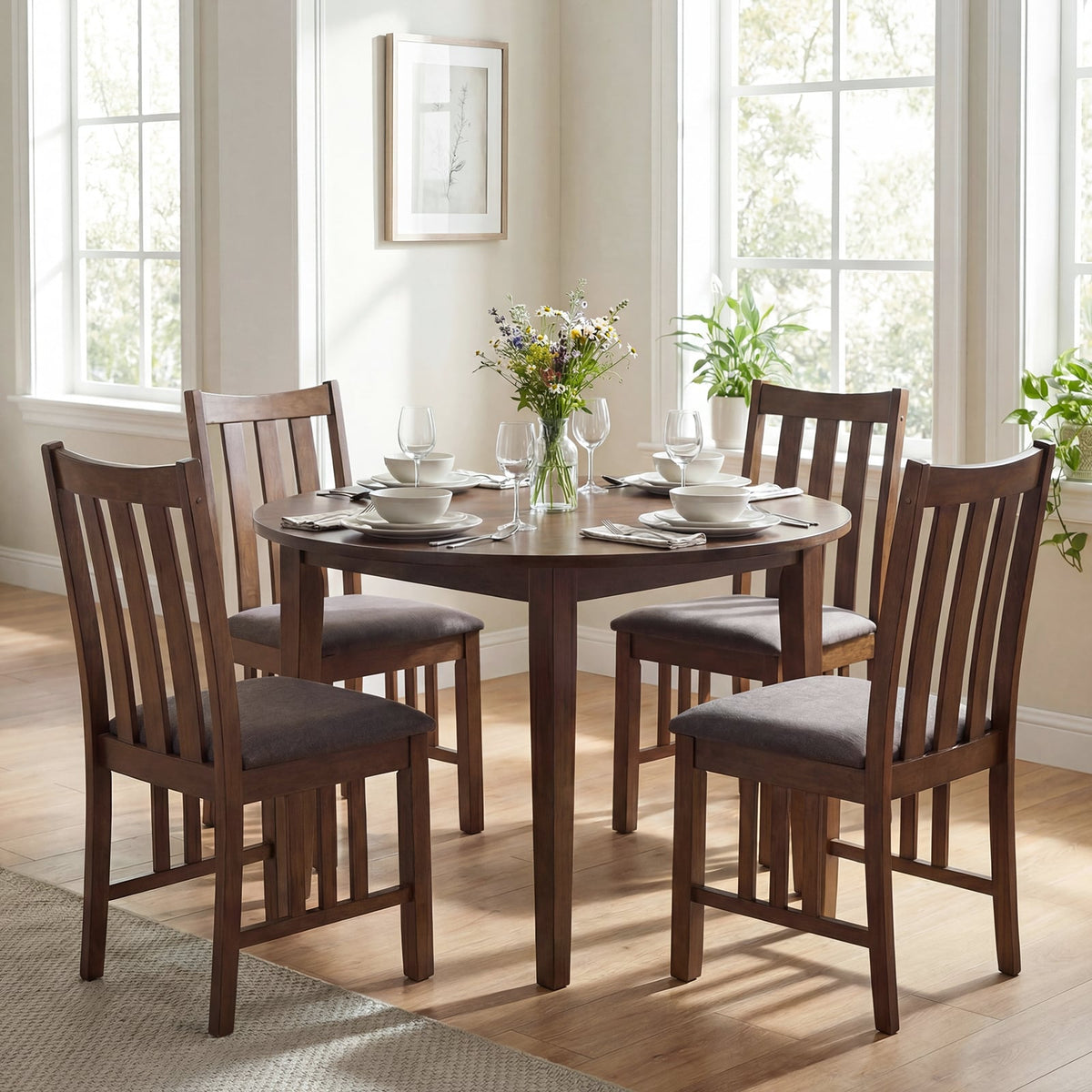 Rubber Wood Dining Chairs Side Chairs Set of 4 with Slat Back-Brown-Dining Chairs-DECOROLALA