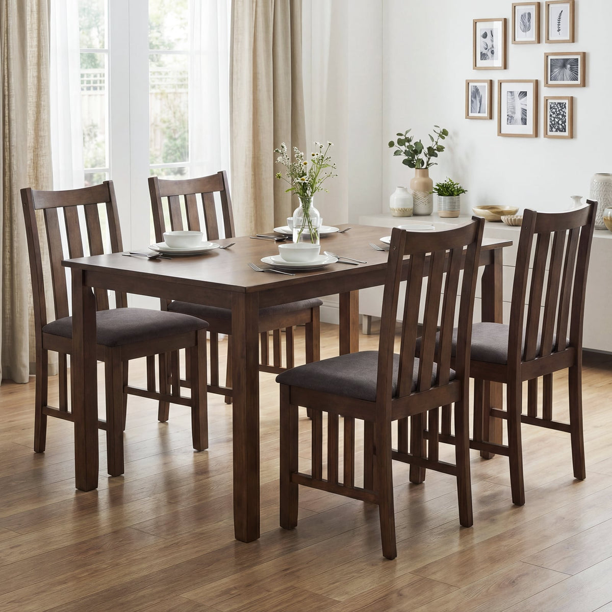 Rubber Wood Dining Chairs Side Chairs Set of 4 with Slat Back-Brown-Dining Chairs-DECOROLALA