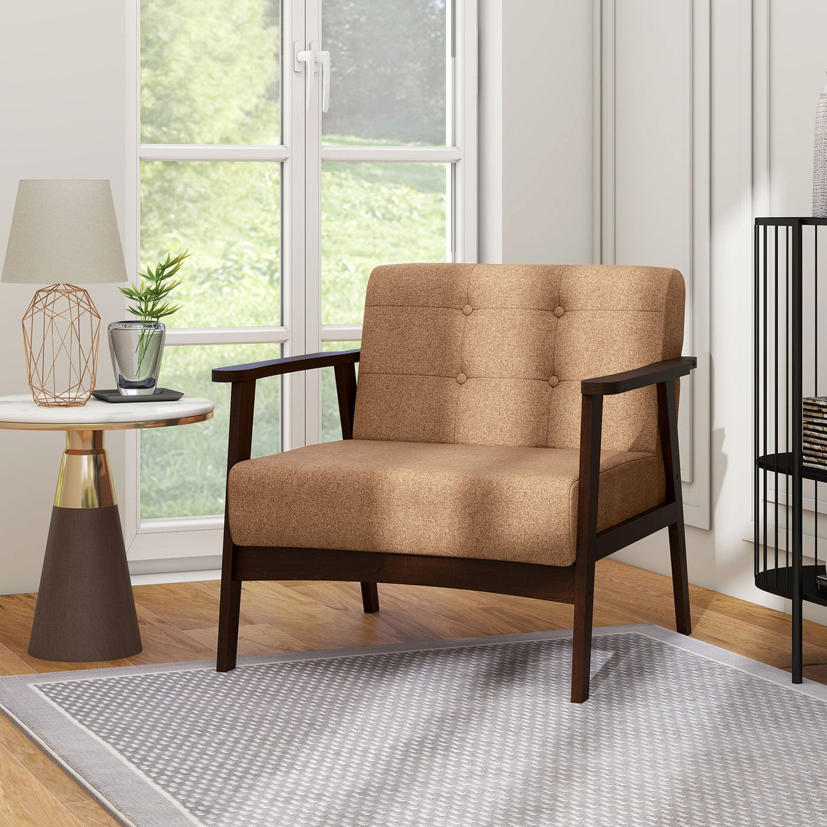 Rubber Wood Frame Accent Chair with Armrest for Living Room-Beige-Accent Chairs-DECOROLALA