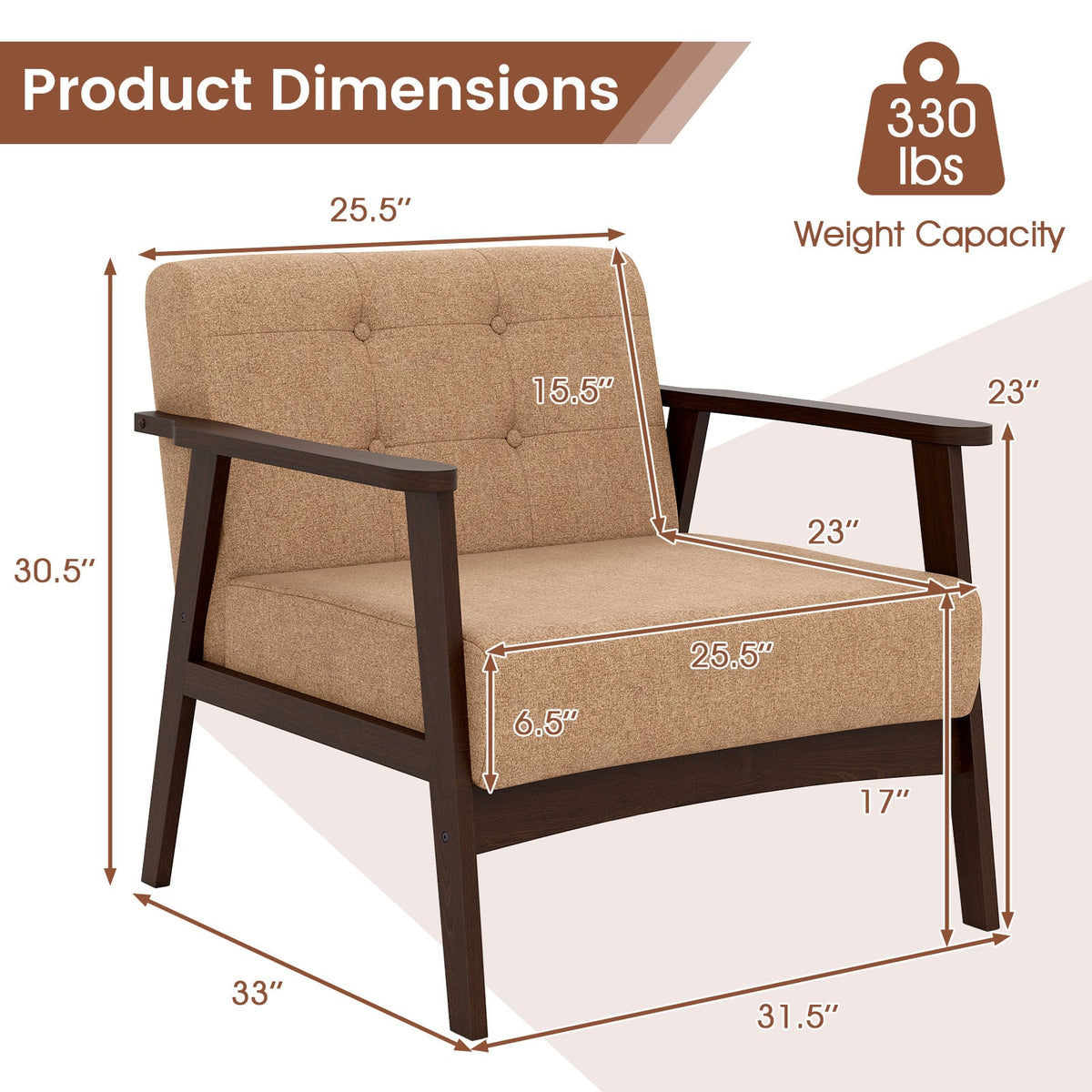 Rubber Wood Frame Accent Chair with Armrest for Living Room-Beige-Accent Chairs-DECOROLALA