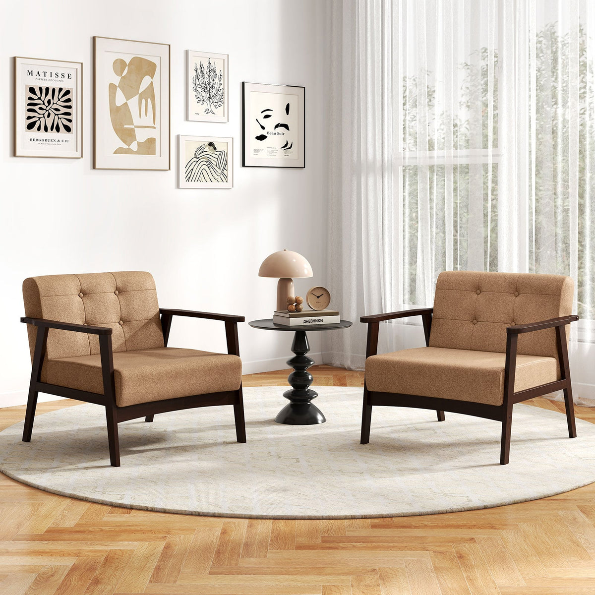 Rubber Wood Frame Accent Chair with Armrest for Living Room-Beige-Accent Chairs-DECOROLALA
