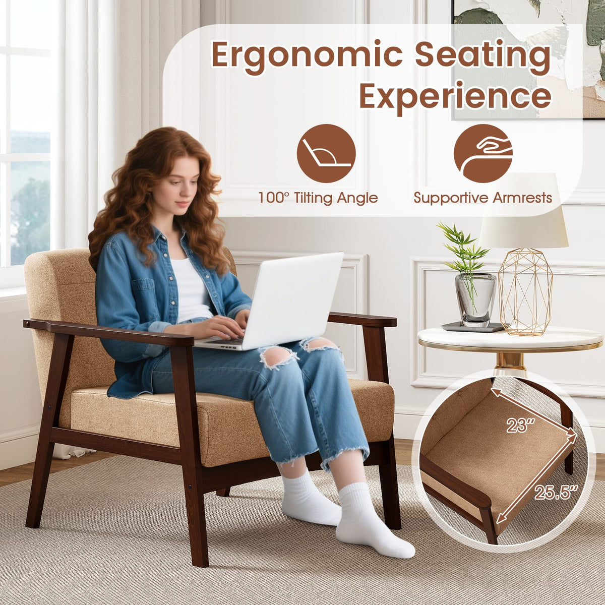 Rubber Wood Frame Accent Chair with Armrest for Living Room-Beige-Accent Chairs-DECOROLALA